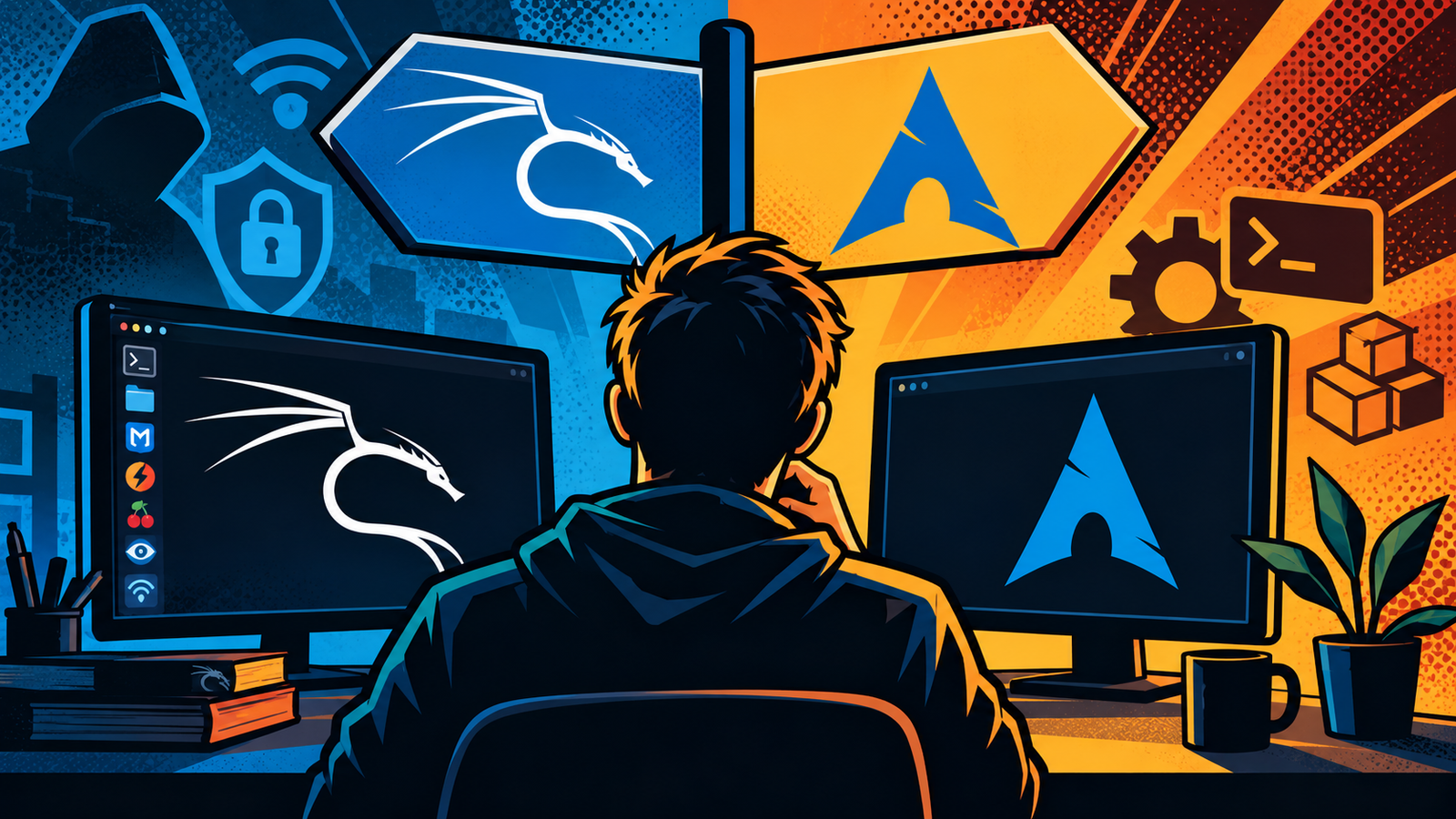 Cybersecurity home office threat alert cartoon shows hacker vs defense dual monitor system icons.