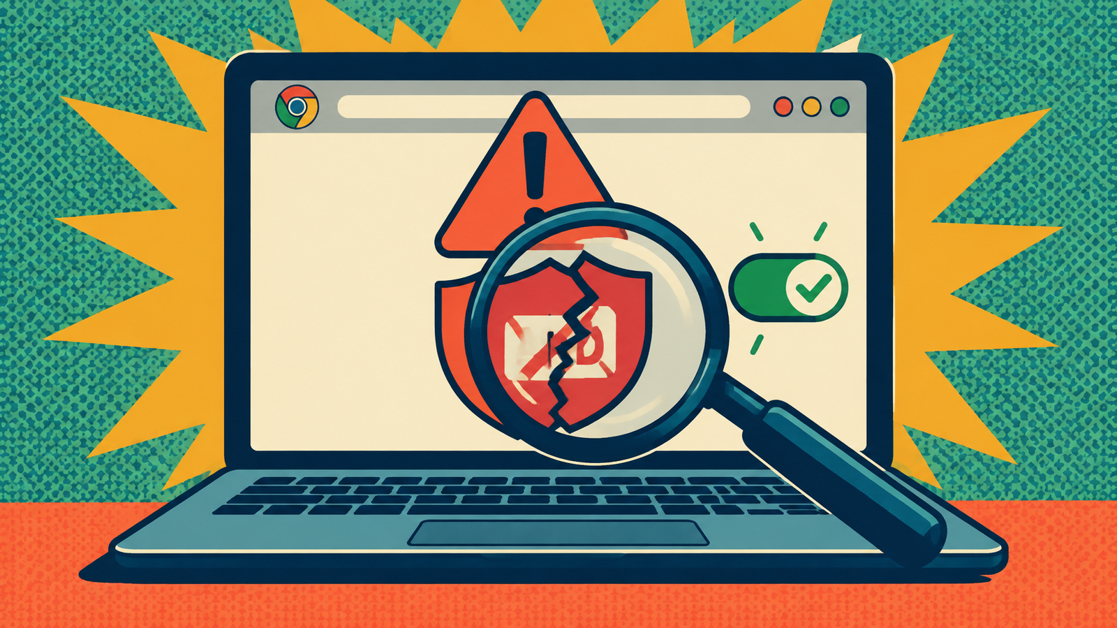 AdGuard extension not working troubleshooting visual with a laptop warning and diagnostic magnifying glass.