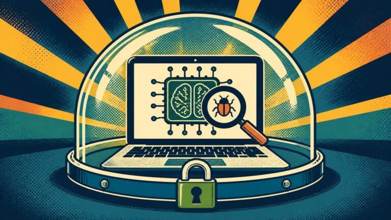 Laptop with an AI chip and magnifying glass inside a locked protective dome.