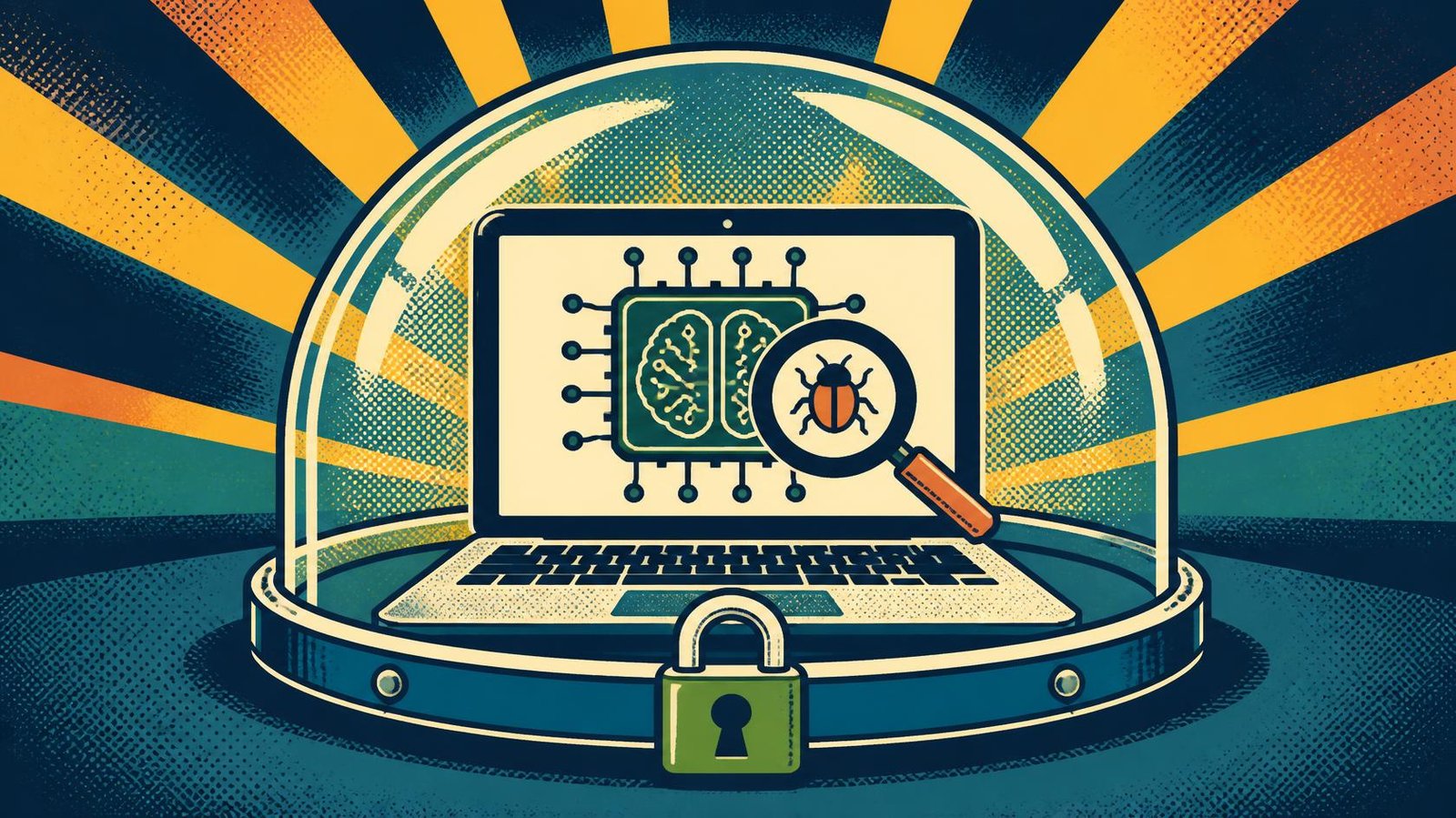 Laptop with an AI chip and magnifying glass inside a locked protective dome.