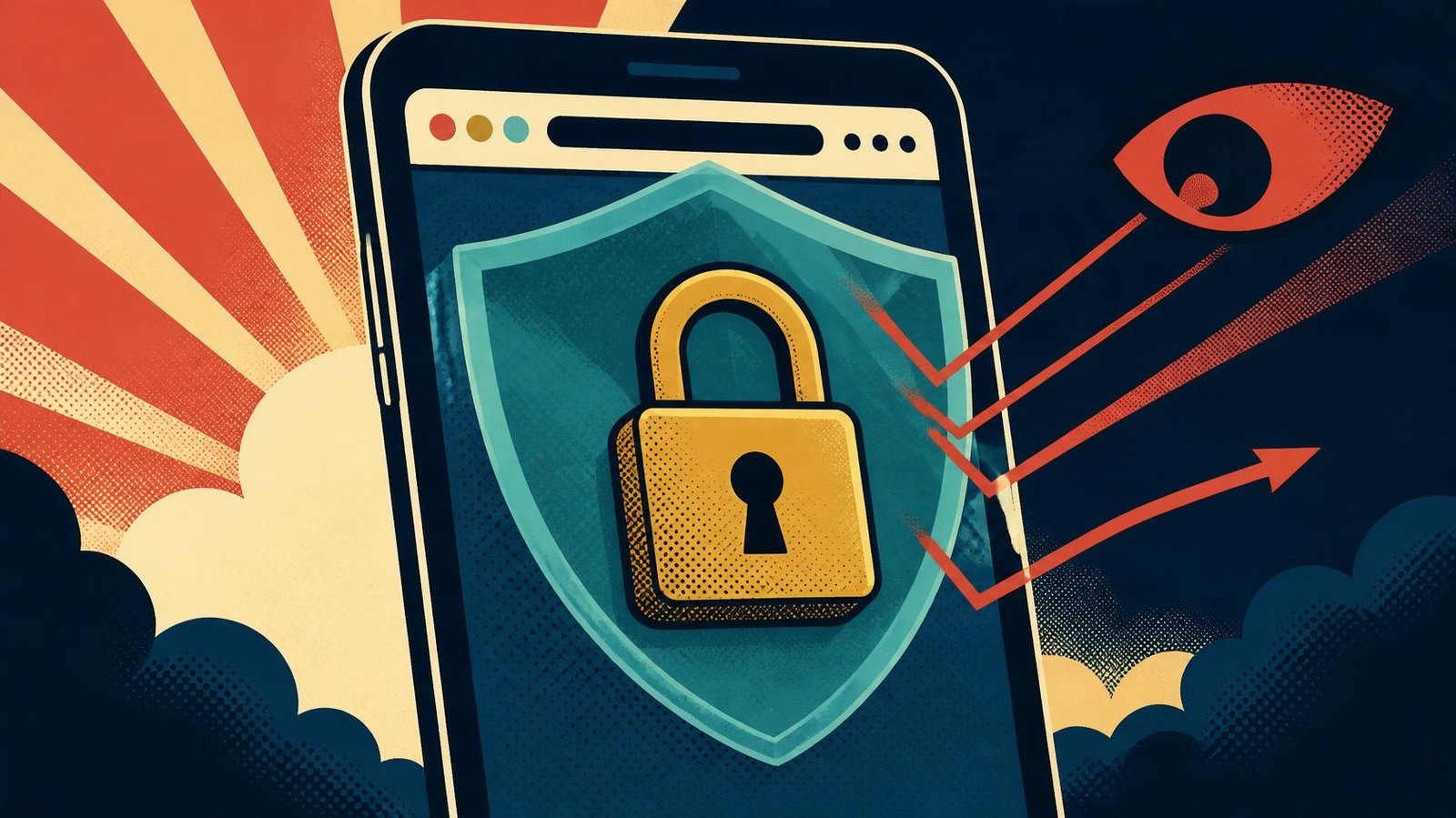 HTTPS shield and lock protecting a smartphone's browsing content from Wi-Fi observers.