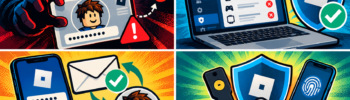 Secure Roblox account auth check, recovery and hacked email/password change warnings across 4 panels.