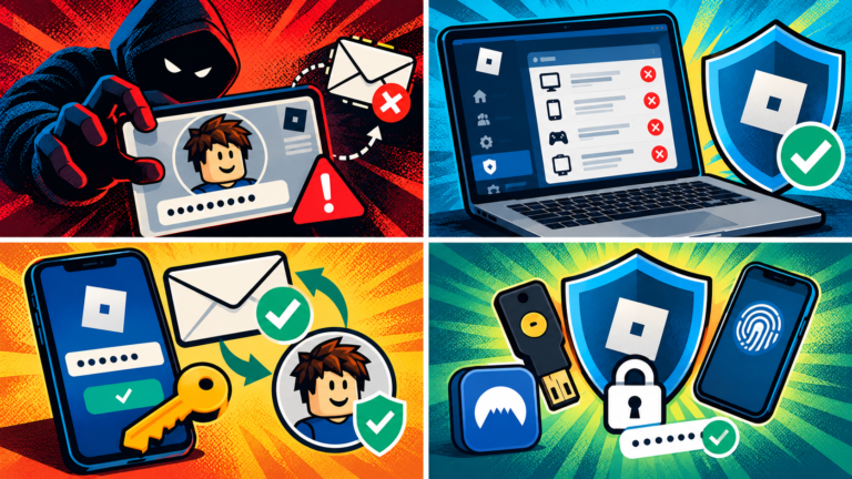Secure Roblox account auth check, recovery and hacked email/password change warnings across 4 panels.