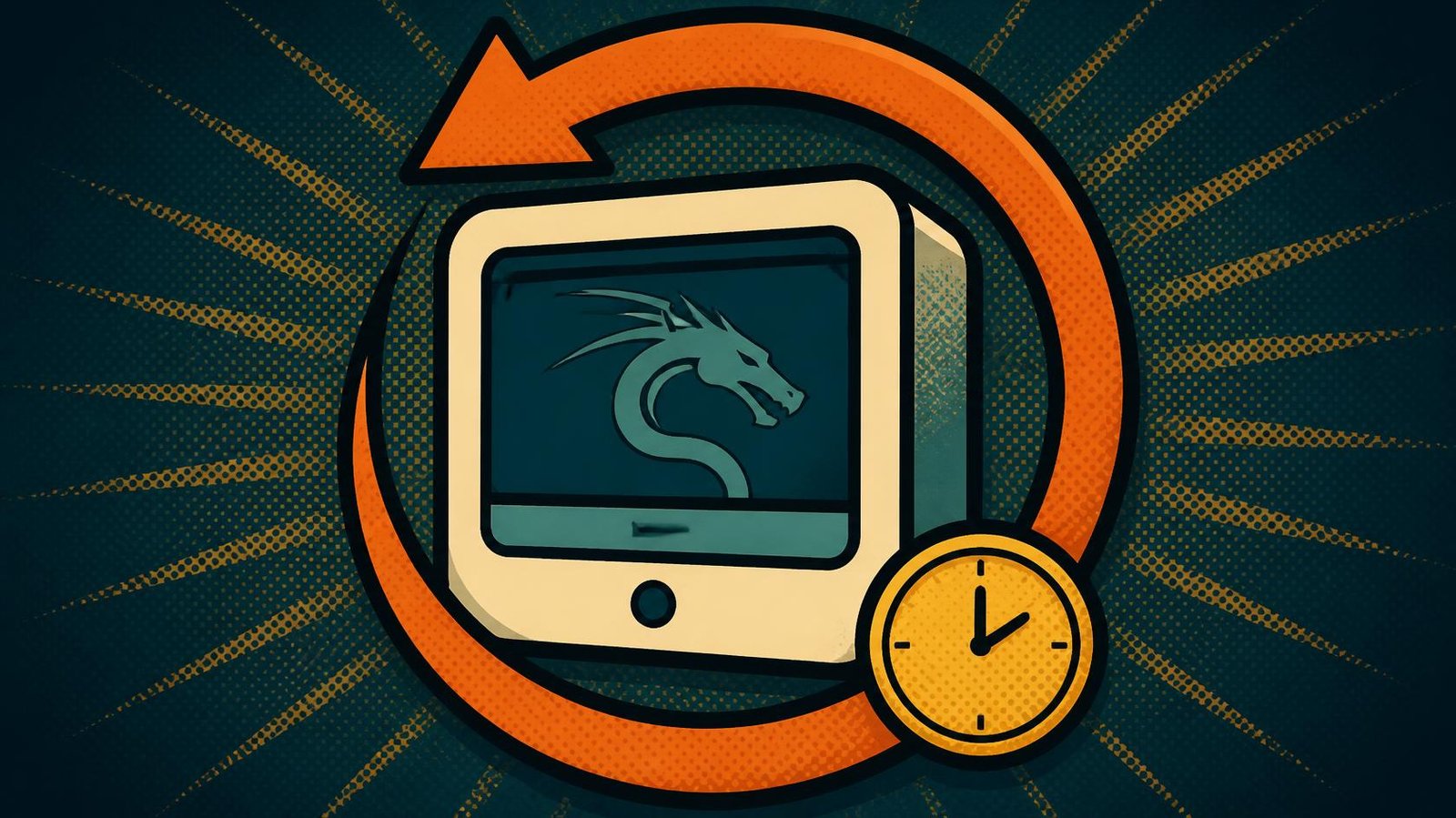 Kali virtual machine surrounded by a return arrow and clock representing snapshot recovery.