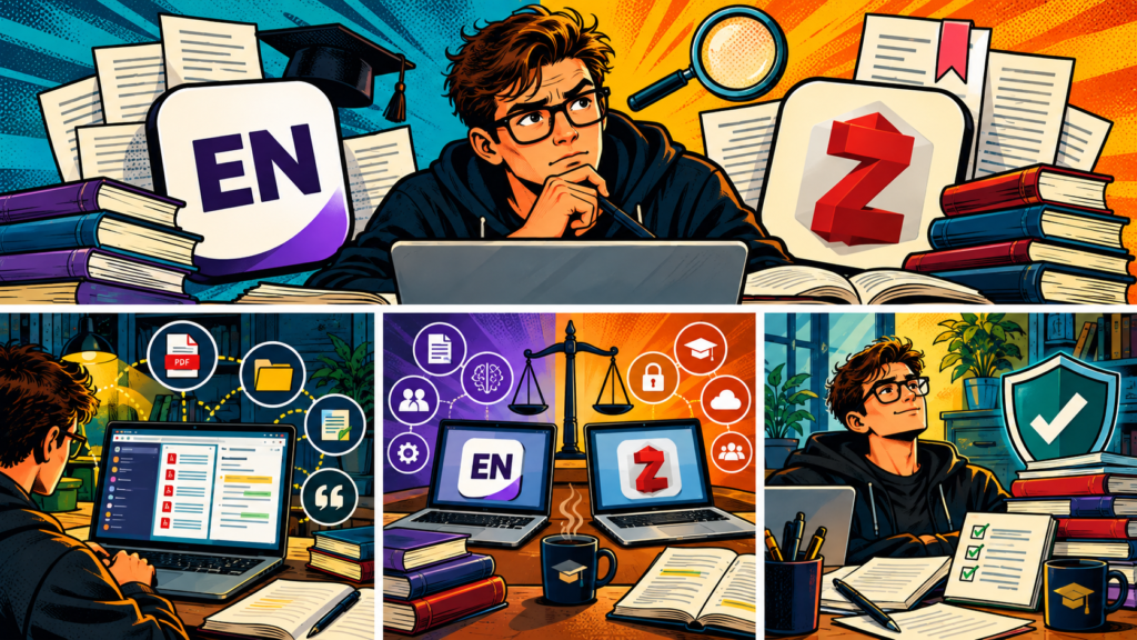 Comic collage of exam document study, AI learning workflow, EN and Z badges, validated secure shield.