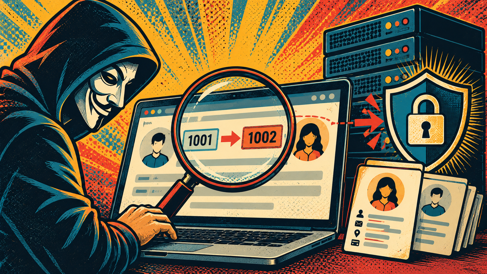IDOR Vulnerability: 7 Sneaky Access Control Flaws 2 Retro pop art illustration of changing an object ID during an authorized IDOR lab test.