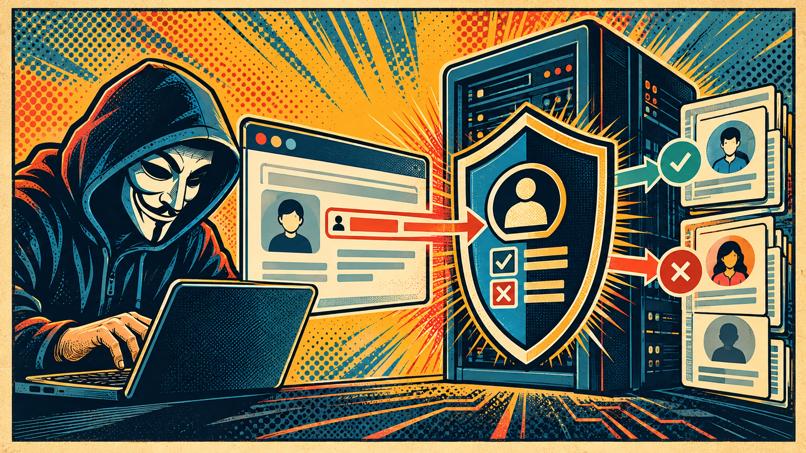 IDOR Vulnerability: 7 Sneaky Access Control Flaws 3 Retro pop art illustration of a web request passing through server-side authorization before data access.