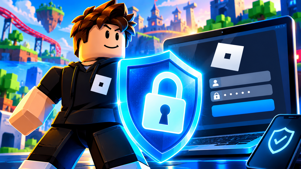 Roblox passkey not working fix: cyber hologram shield lock hero on a game laptop.
