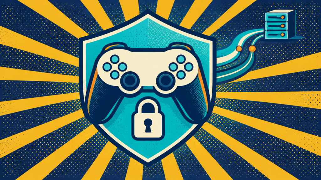 Game controller inside a security shield illustrating iTop VPN gaming protection.