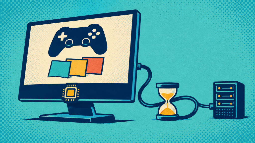 Smart Game Booster: 7 Useful Checks Before You Boost 2 Gaming monitor and network hourglass illustrating FPS and ping checks in the Smart Game Booster guide.