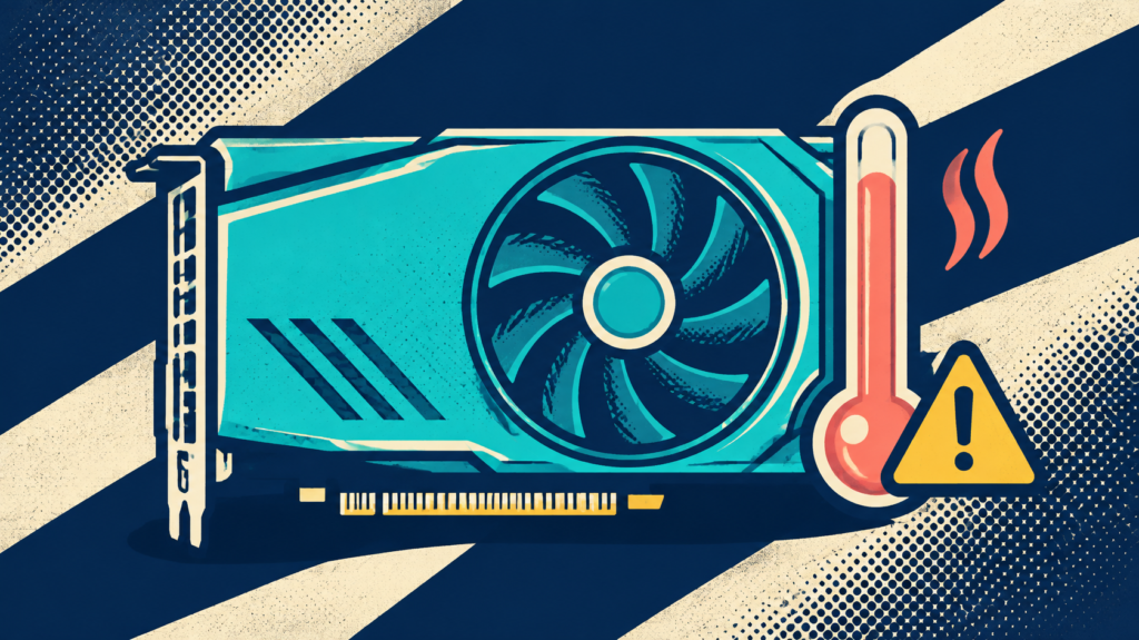 Smart Game Booster: 7 Useful Checks Before You Boost 4 Graphics card with a cooling fan, thermometer and warning triangle illustrating overclocking risks.