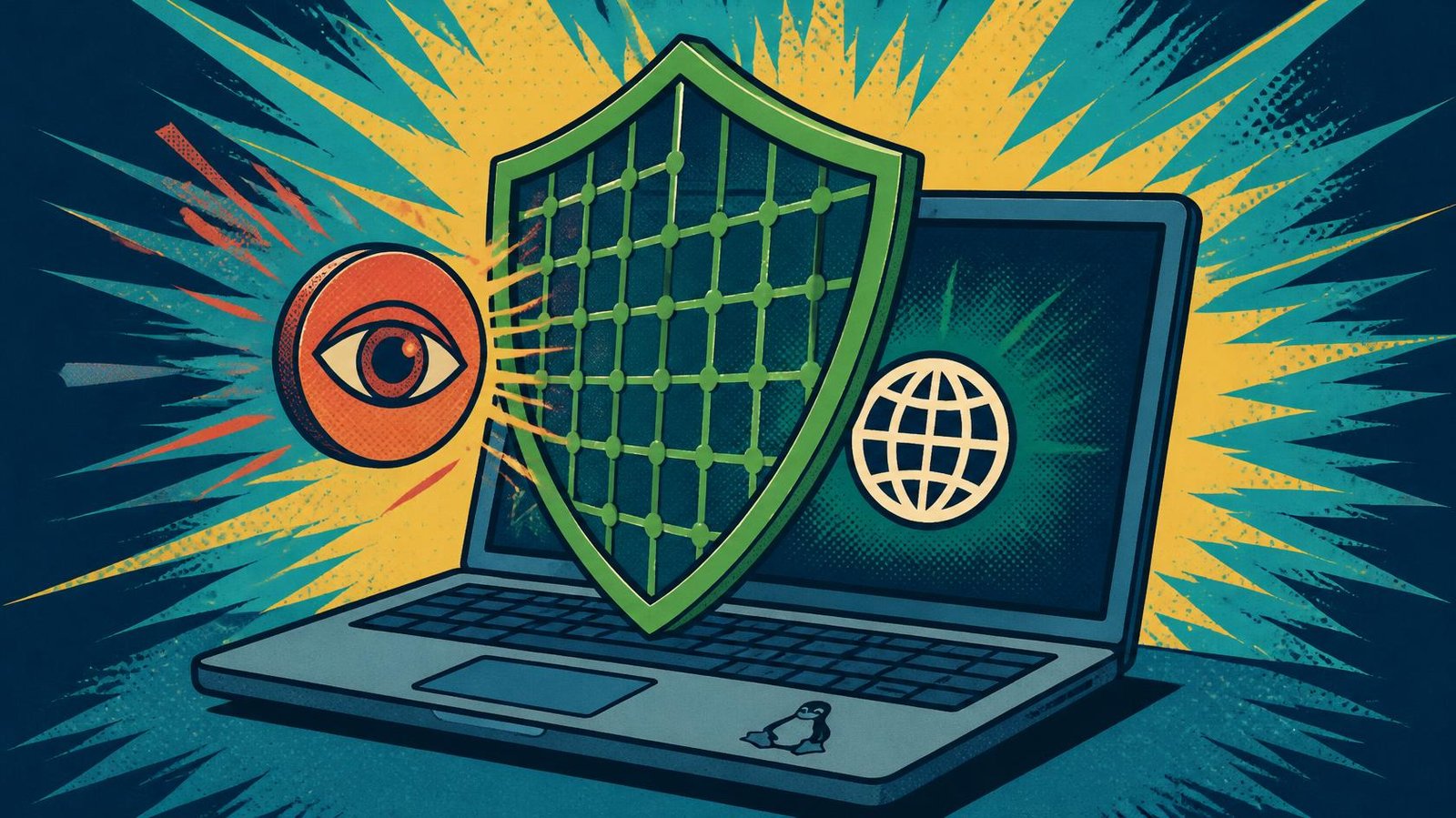 AdGuard DNS on Linux illustrated by a laptop with a DNS-filtering shield and tracker symbol.