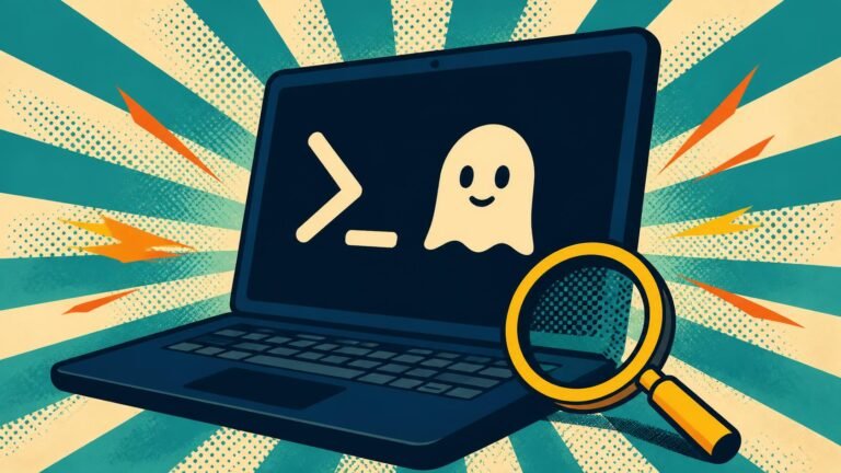 AI terminal assistant: 7 Smart HackersGhost CLI Checks 3 Laptop with a terminal symbol, ghost icon and magnifying glass.