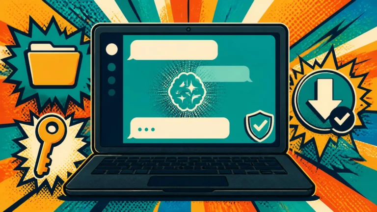HackersGhost AI desktop assistant on a laptop with secure chat and retro pop-art burst design