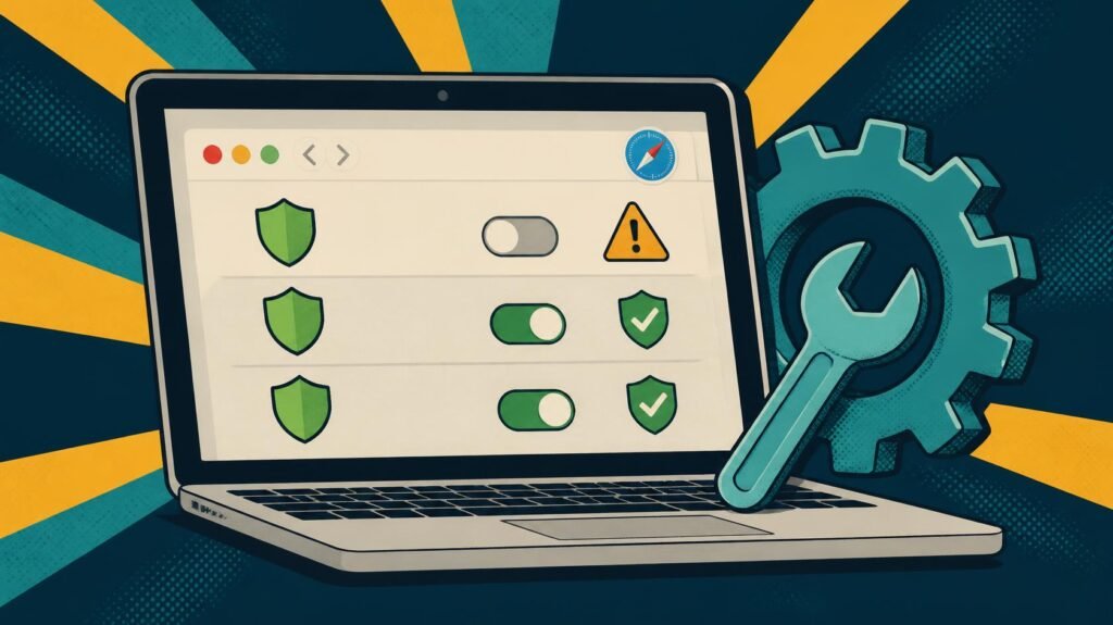 Security dashboard with shield, warning icons and troubleshooting controls.