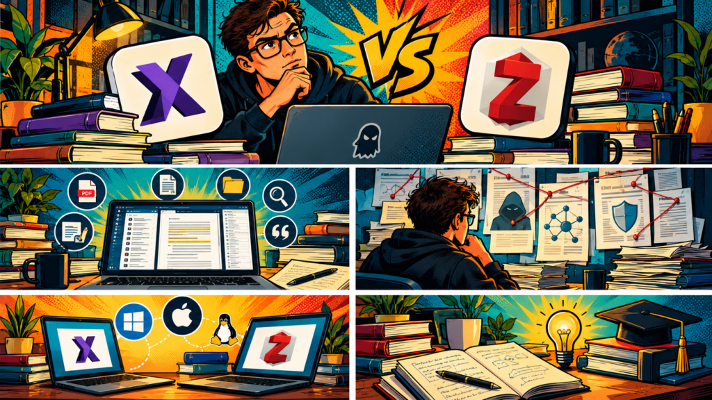 Four-panel learning productivity comic collage with laptop security, VS X vs Z, documents, and study notes.