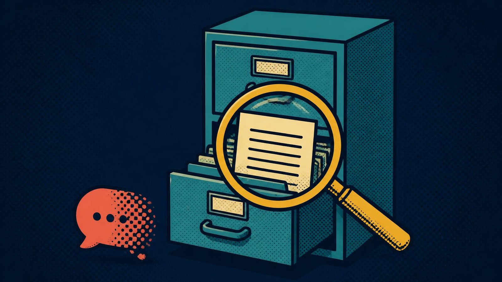 Magnifying glass inspecting a saved document beside a fading chat icon.