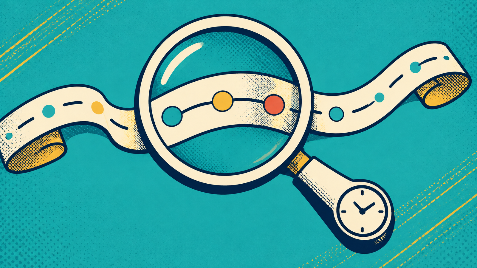 Magnifying glass connecting security log events across time.