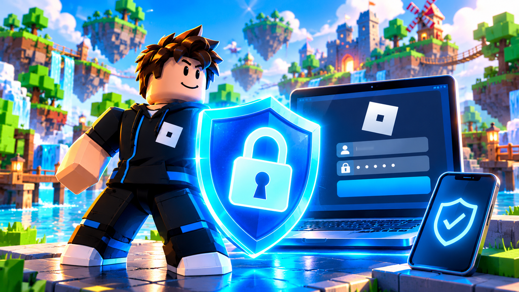 LEGO block boy offers phone verification beside neon laptop shield for Roblox 2 step.