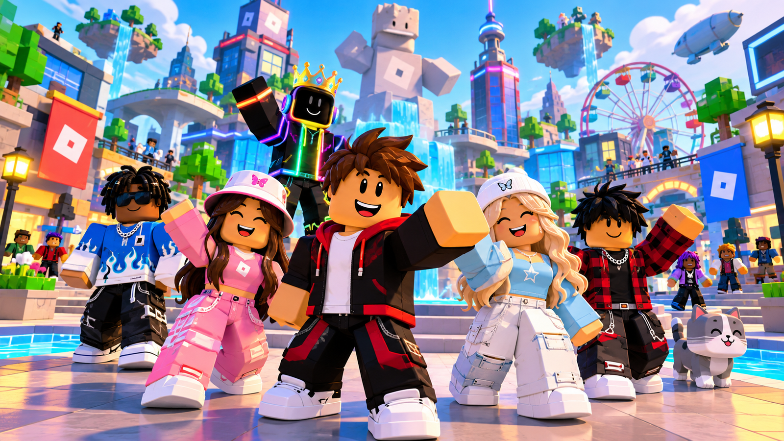 Neon-crown friends in LEGO-style city amusement park, roblox passkey not working fix guide.