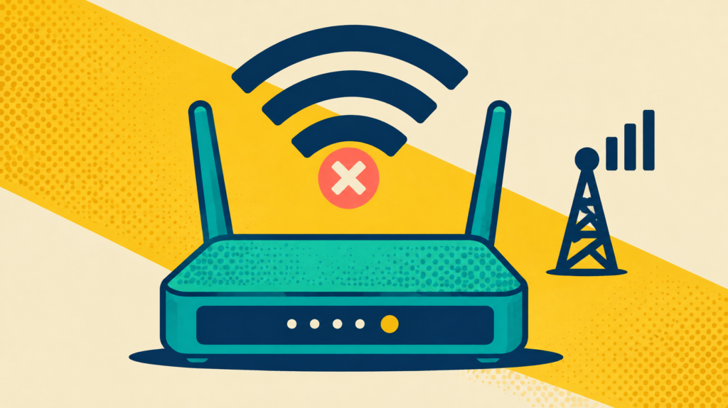 Private DNS Server Cannot Be Accessed: 7 Safe Fixes 3 Wi-Fi router with a connection warning beside a mobile data signal.