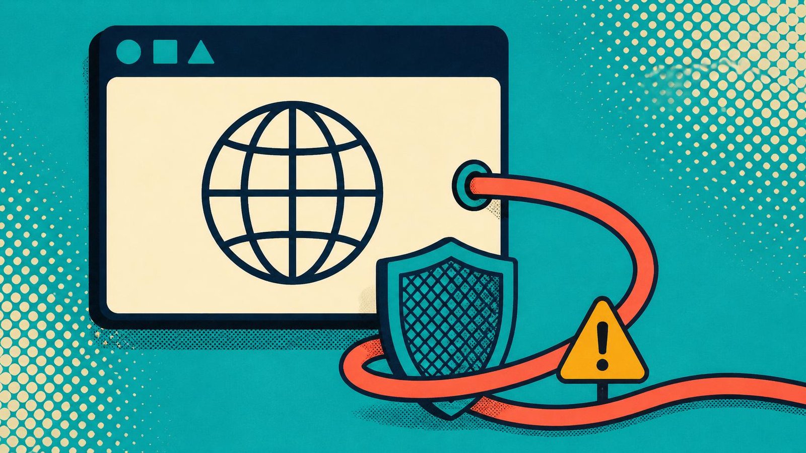 Browser DNS override illustrated by a network cable bypassing a filtering shield beside a warning symbol.