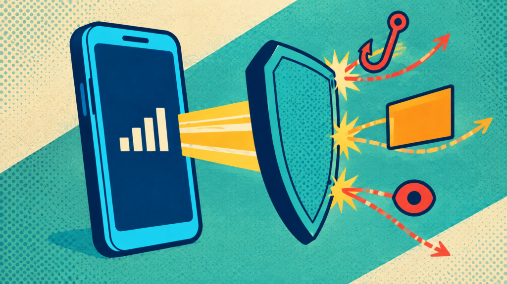 Saily vs Airalo: 7 Critical Differences Before You Buy 3 Mobile eSIM security illustrated by a phone shield blocking tracking and phishing threats