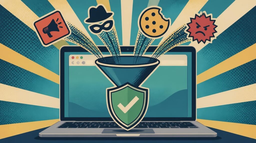 Retro pop-art laptop protected by a green shield blocking unwanted web content.