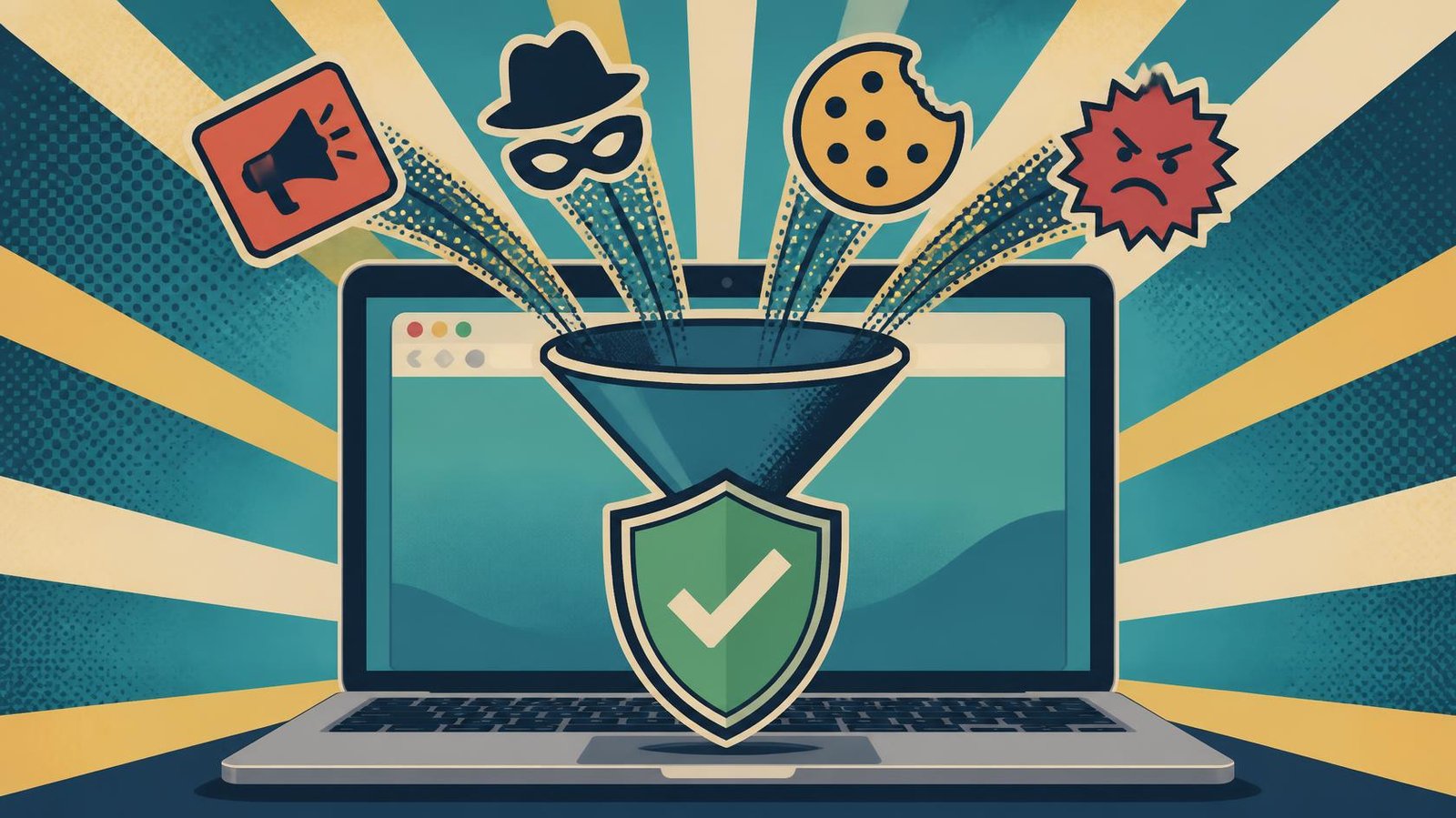 Retro pop-art laptop protected by a green shield blocking unwanted web content.
