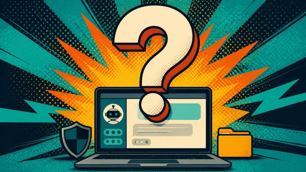 Question mark and magnifying glass above a laptop for HackersGhost AI GUI frequently asked questions