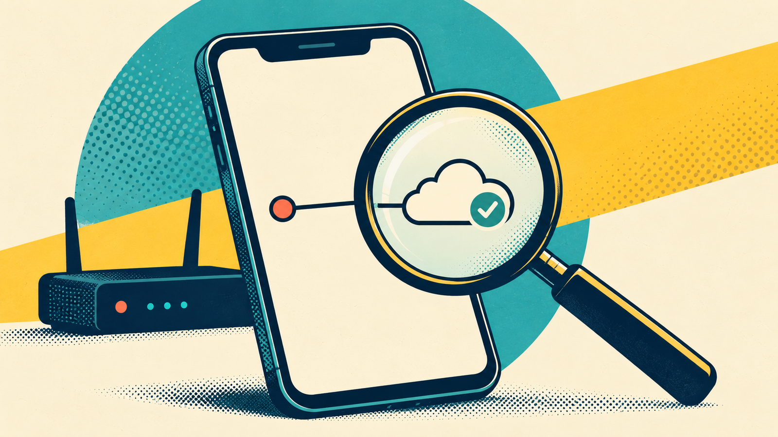 Magnifying glass checking a smartphone's cloud DNS connection before router setup.