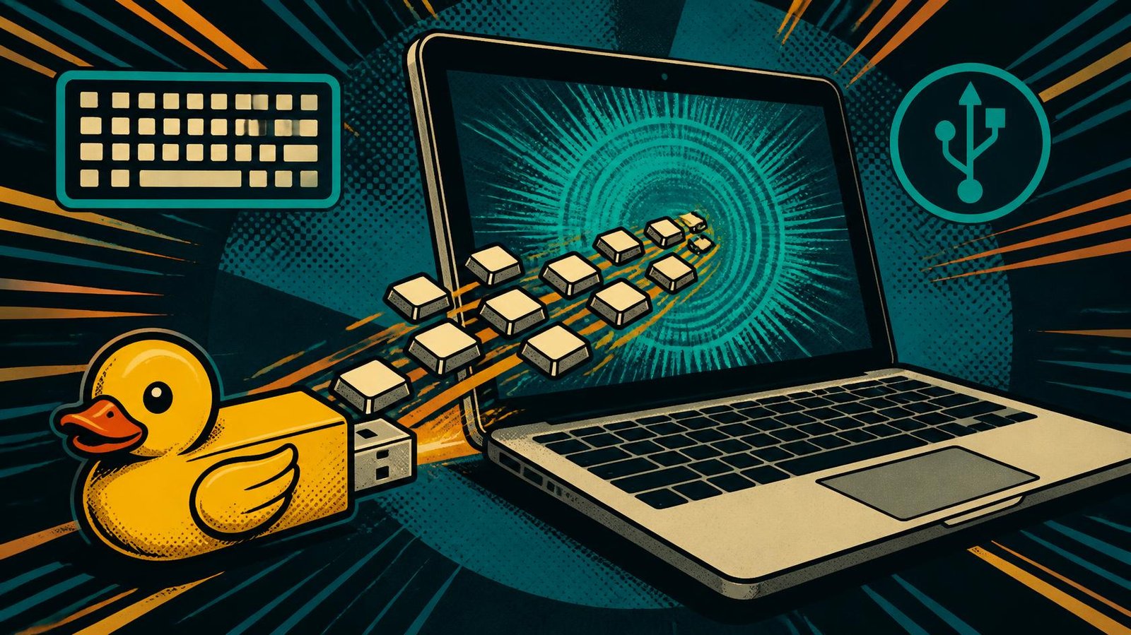 USB Rubber Ducky-style device sending automated input to a laptop.