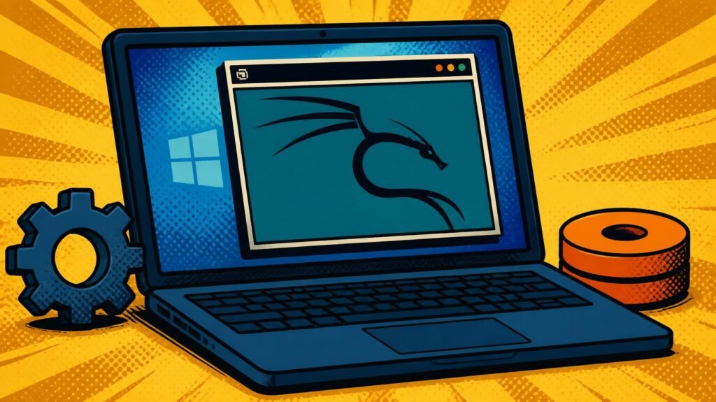 Pop-art laptop showing Kali Linux running inside a VMware virtual machine.