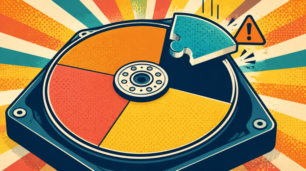 EaseUS Partition Master Review: Is Pro Worth It? 4 Segmented disk illustration with warning triangle highlighting partition recovery risks.