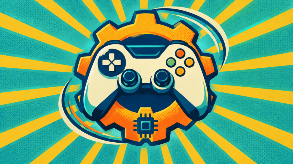 Gaming controller with a gear and microchip representing PC gaming optimisation.