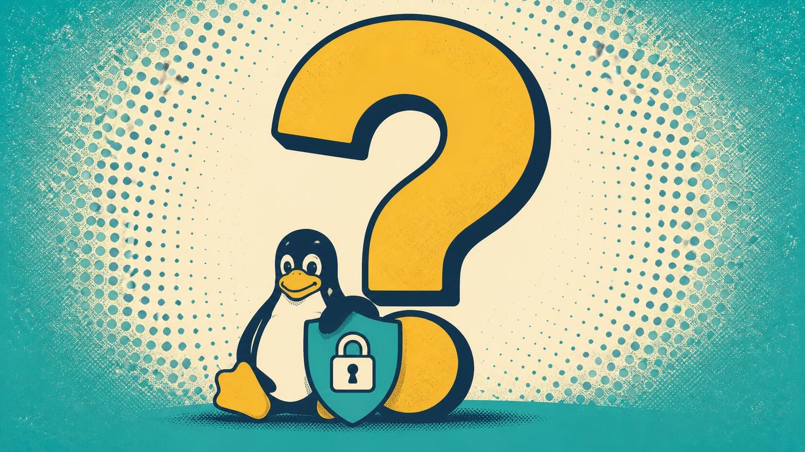 Large yellow question mark above a Linux penguin and a shield with a padlock.