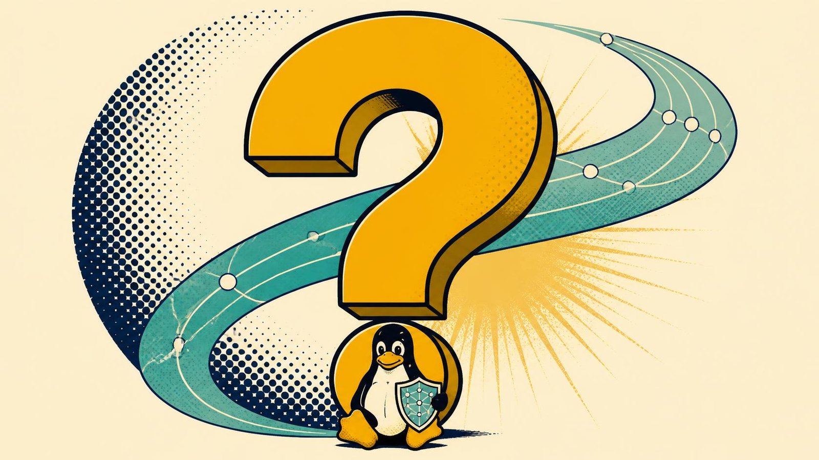 Linux DNS questions represented by a large yellow question mark, penguin and turquoise network ribbon.