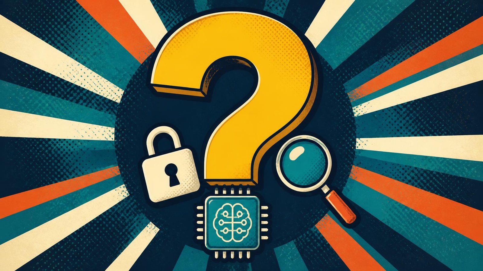 Large yellow question mark with an AI chip, padlock and magnifying glass on a retro pop-art background.