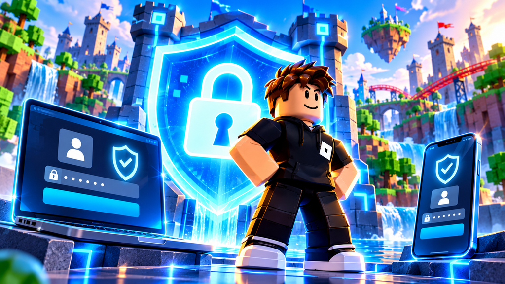 Roblox enhanced protection guardian with holographic security padlock, 2 step verification, passkey, backup codes.