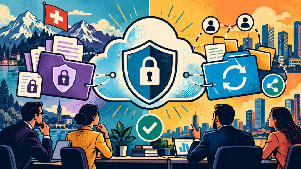 Proton Drive vs Sync.com: Which Is Better for Business? 3 Secure cloud storage for business with encrypted team collaboration, shield lock authentication, trusted network meeting.