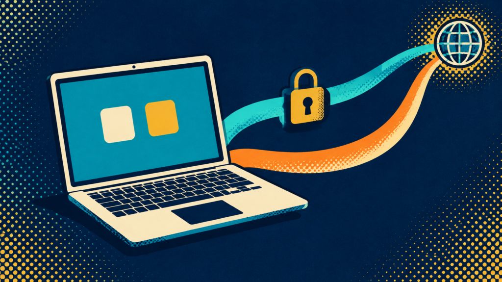 iTop VPN: 7 Smart Privacy and Gaming Benefits 3 Laptop with a padlock-protected route and a direct connection illustrating VPN split tunneling.