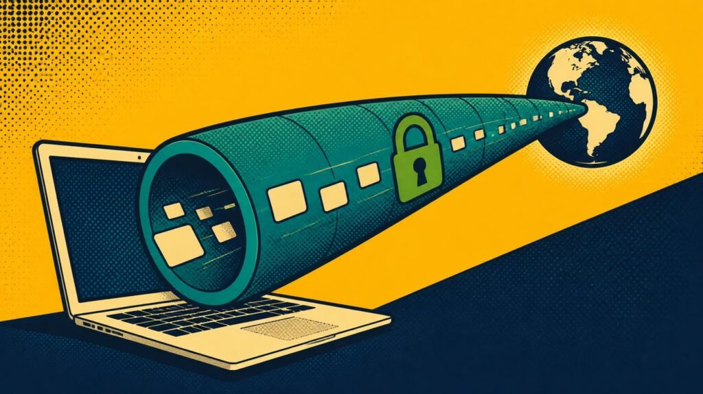 AdGuard VPN vs PrivadoVPN: 7 Smart Checks Before You Buy 3 Laptop sending data through an encrypted VPN tunnel toward the internet.