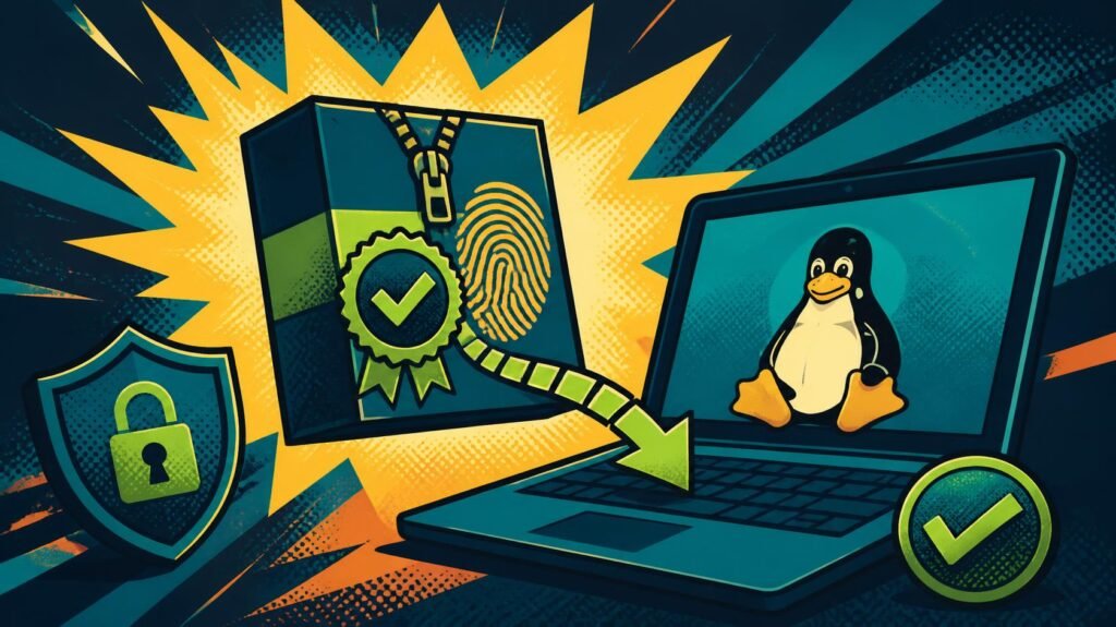 Linux laptop verification with fingerprint, shield lock and checkmarks for verified HackersGhost AI updates