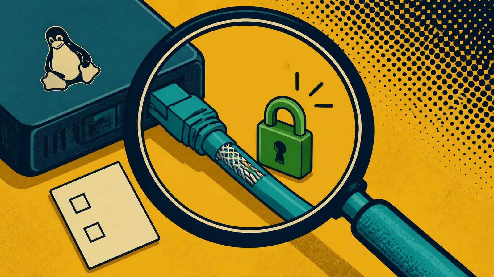Magnifying glass inspecting a network cable and padlock beside a Linux device.