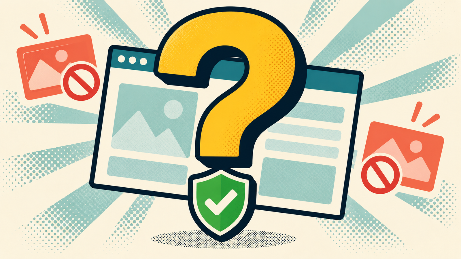 Pop-art question mark above a browser window with a green protection shield and blocked advertising tiles.