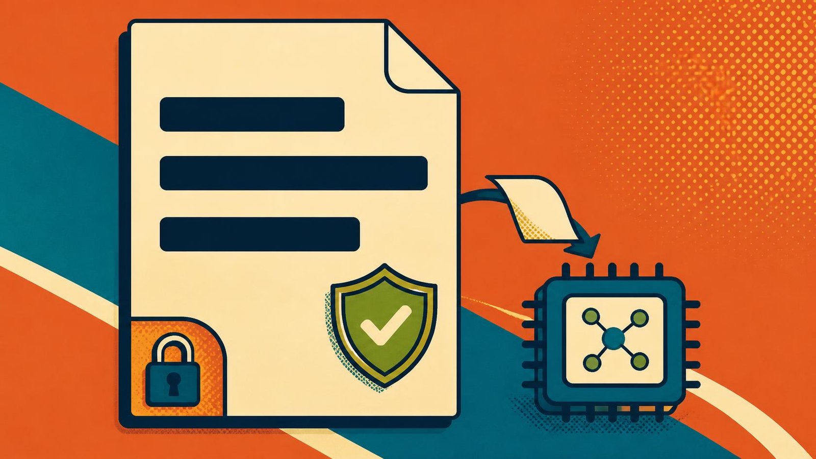 Redacted document with a lock and shield beside an AI chip.