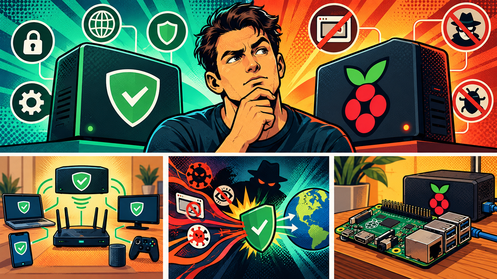 AdGuard Home vs Pi-hole: Which One Should You Run? 1 Cybersecurity poster with identity lock, mirrored monitors, threat icons, and hardware security setup.