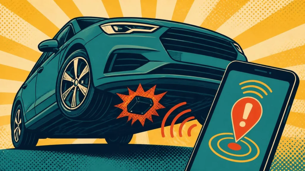 Stylized teal sports car impact alert with pop art explosion and smartphone Wi‑Fi notification.