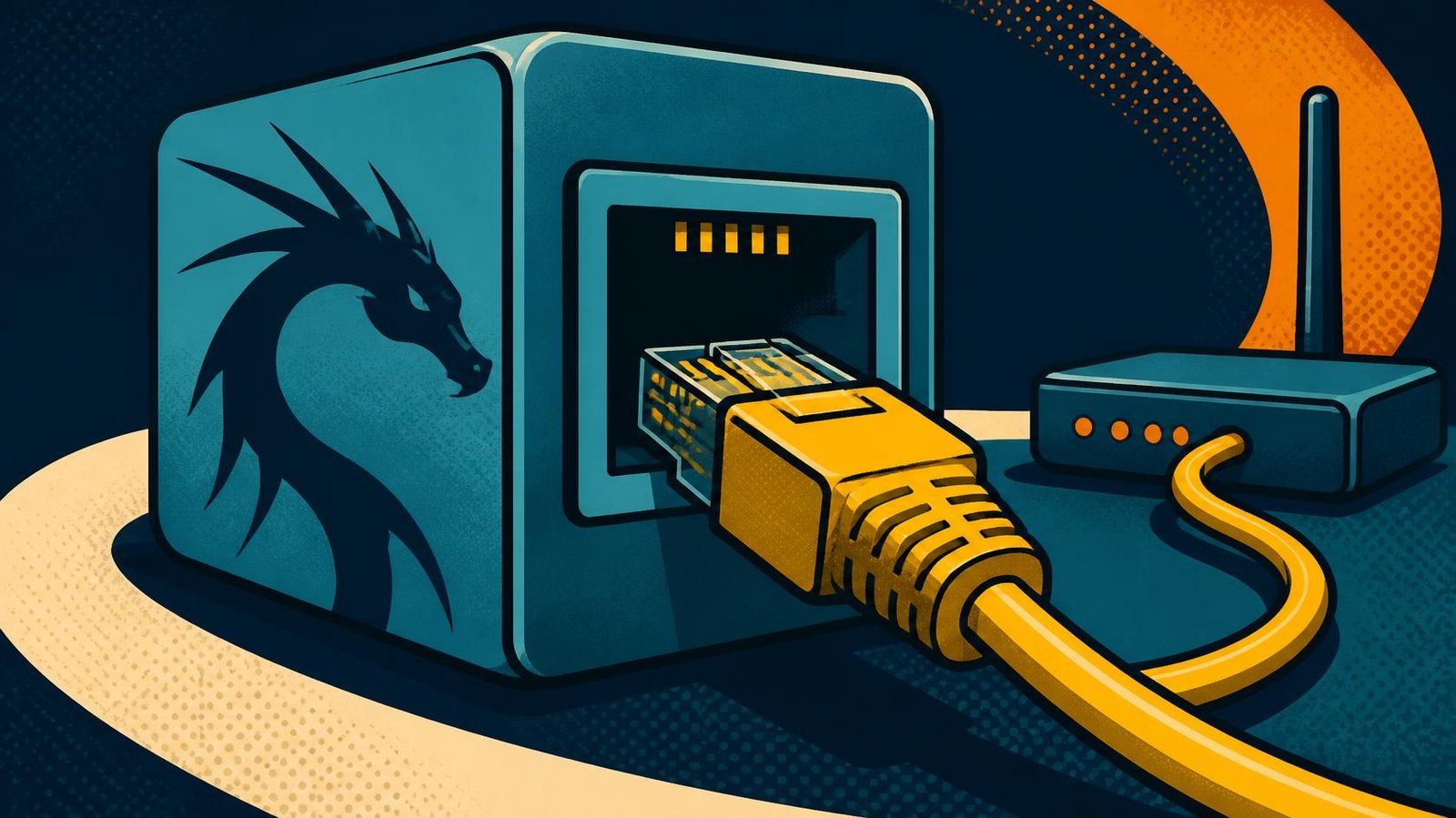 Virtual machine connected through an Ethernet cable to a router.