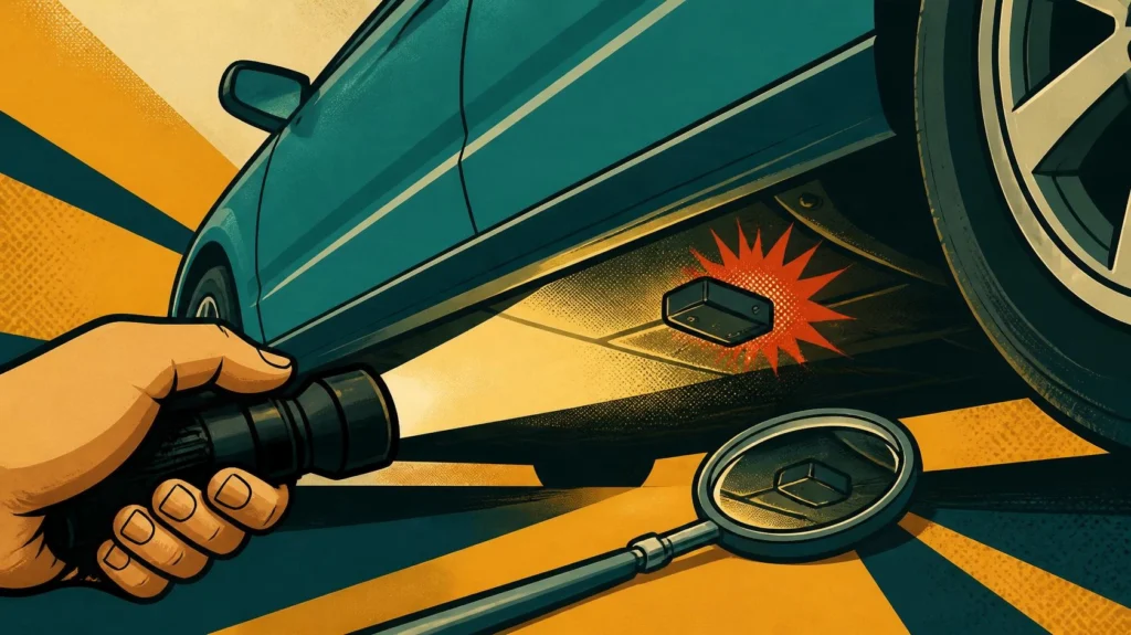 Physical inspection revealing a hidden tracking device beneath a car